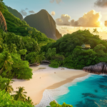 **Prompt:** A picturesque Seychelles island scene, lush tropical vegetation, hidden coves. A weathered pirate map partially visible, hinting at buried treasure.  Atmosphere of mystery and adventure.  Golden hour lighting.
