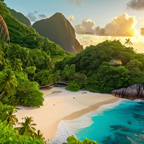 **Prompt:** A picturesque Seychelles island scene, lush tropical vegetation, hidden coves. A weathered pirate map partially visible, hinting at buried treasure.  Atmosphere of mystery and adventure.  Golden hour lighting.