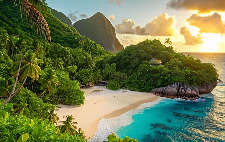 **Prompt:** A picturesque Seychelles island scene, lush tropical vegetation, hidden coves. A weathered pirate map partially visible, hinting at buried treasure.  Atmosphere of mystery and adventure.  Golden hour lighting.