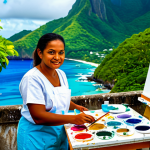 Seychellois Artist at Work**

"A professional Seychellois painter, fully clothed in modest, paint-splattered work clothes, standing in a vibrant outdoor art studio filled with colorful canvases depicting island landscapes, appropriate attire, safe for work, perfect anatomy, natural proportions, professional photography, high quality, family-friendly."

**