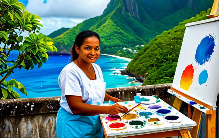 Seychellois Artist at Work**

"A professional Seychellois painter, fully clothed in modest, paint-splattered work clothes, standing in a vibrant outdoor art studio filled with colorful canvases depicting island landscapes, appropriate attire, safe for work, perfect anatomy, natural proportions, professional photography, high quality, family-friendly."

**