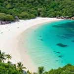 세이셸 해양 쓰레기 문제 - **Prompt:** A breathtaking aerial view of a pristine, untouched Seychelles beach, featuring brillian...